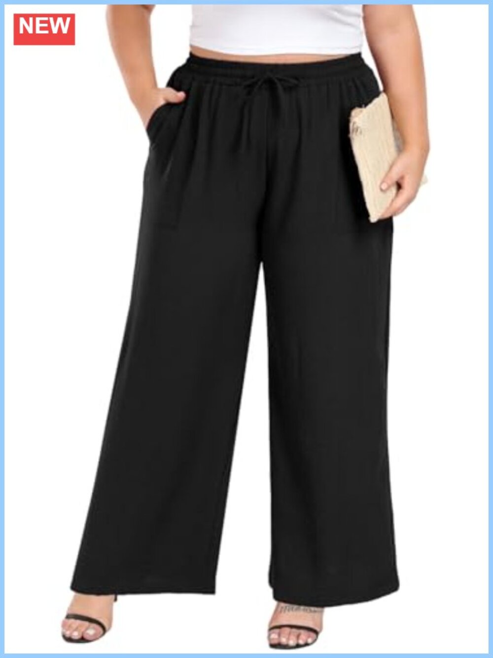 Plus Size Wide Leg Palazzo Pants High Waist Drawstring with Pockets